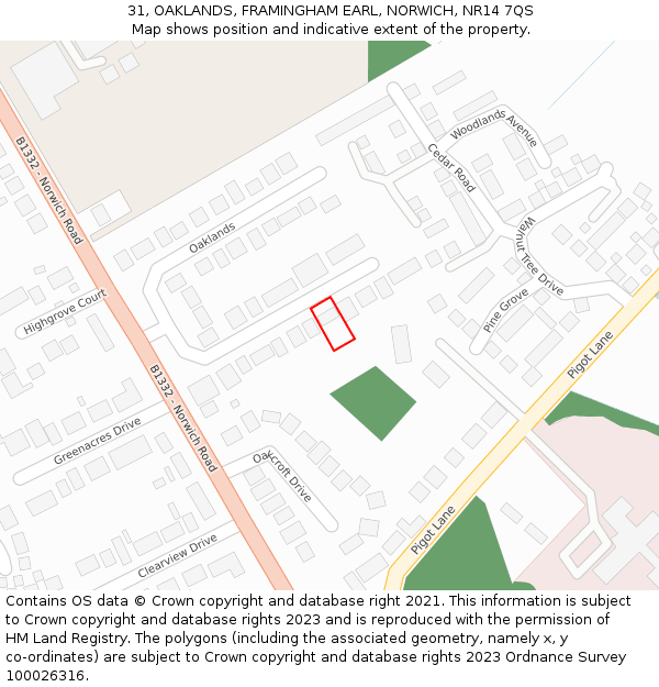 31, OAKLANDS, FRAMINGHAM EARL, NORWICH, NR14 7QS: Location map and indicative extent of plot