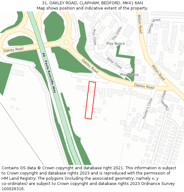 31, OAKLEY ROAD, CLAPHAM, BEDFORD, MK41 6AN: Location map and indicative extent of plot