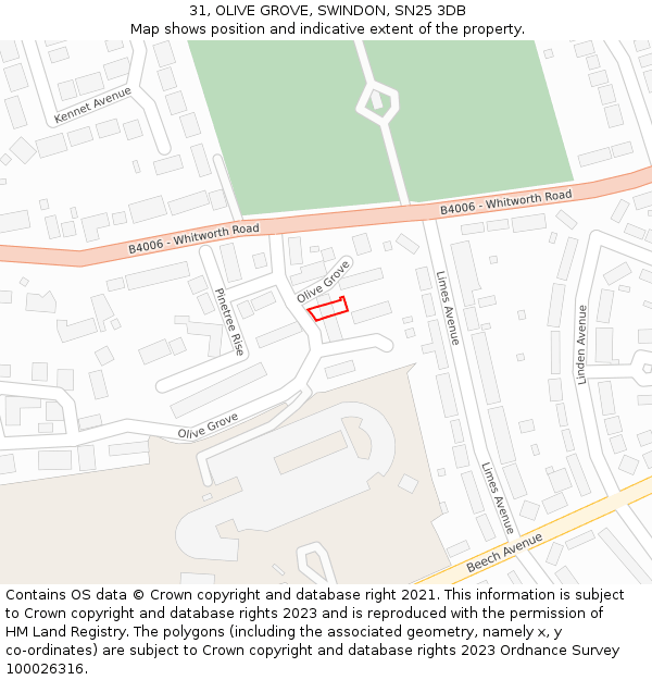 31, OLIVE GROVE, SWINDON, SN25 3DB: Location map and indicative extent of plot