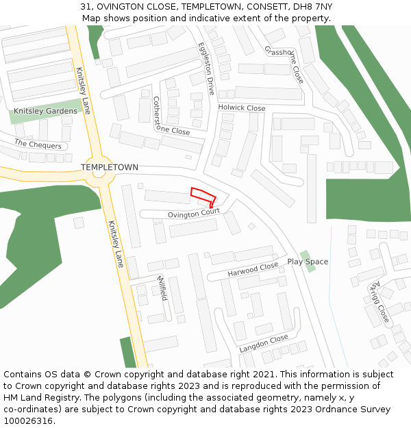 31, OVINGTON CLOSE, TEMPLETOWN, CONSETT, DH8 7NY: Location map and indicative extent of plot