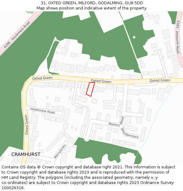 31, OXTED GREEN, MILFORD, GODALMING, GU8 5DD: Location map and indicative extent of plot