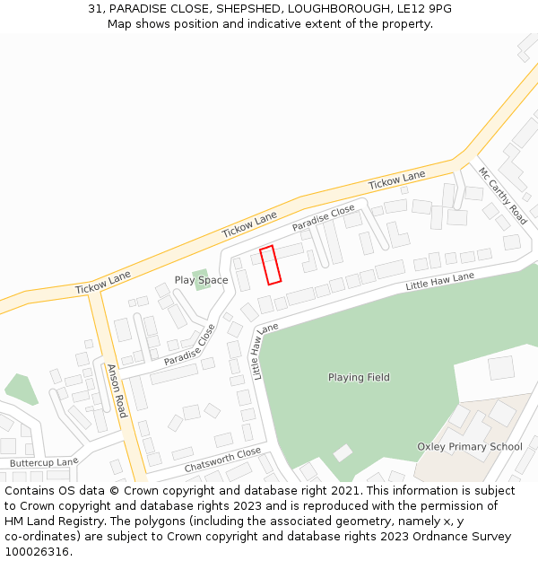 31, PARADISE CLOSE, SHEPSHED, LOUGHBOROUGH, LE12 9PG: Location map and indicative extent of plot