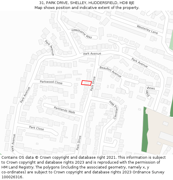 31, PARK DRIVE, SHELLEY, HUDDERSFIELD, HD8 8JE: Location map and indicative extent of plot