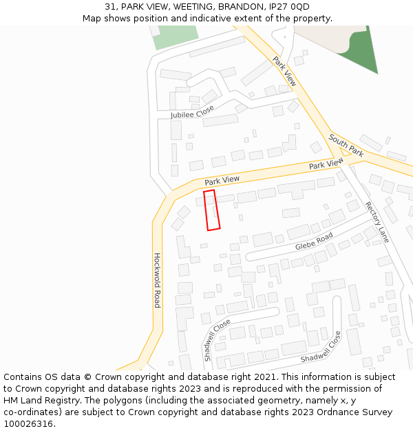 31, PARK VIEW, WEETING, BRANDON, IP27 0QD: Location map and indicative extent of plot