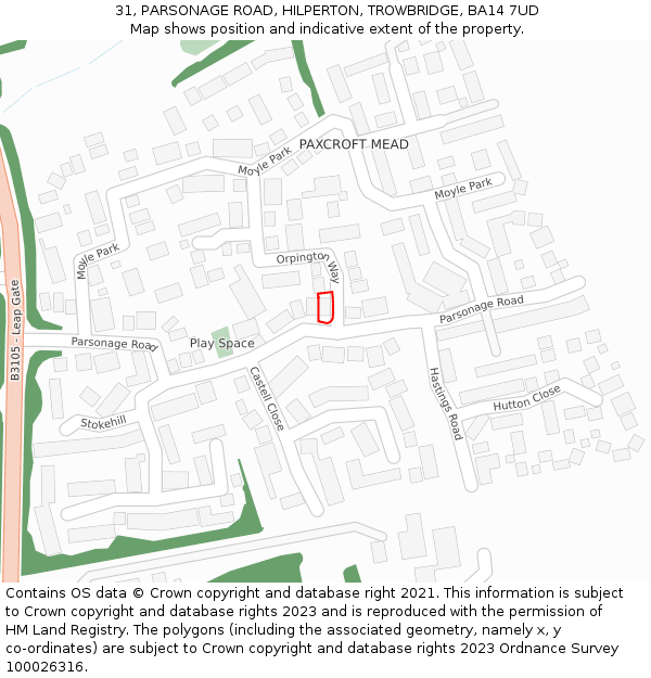 31, PARSONAGE ROAD, HILPERTON, TROWBRIDGE, BA14 7UD: Location map and indicative extent of plot
