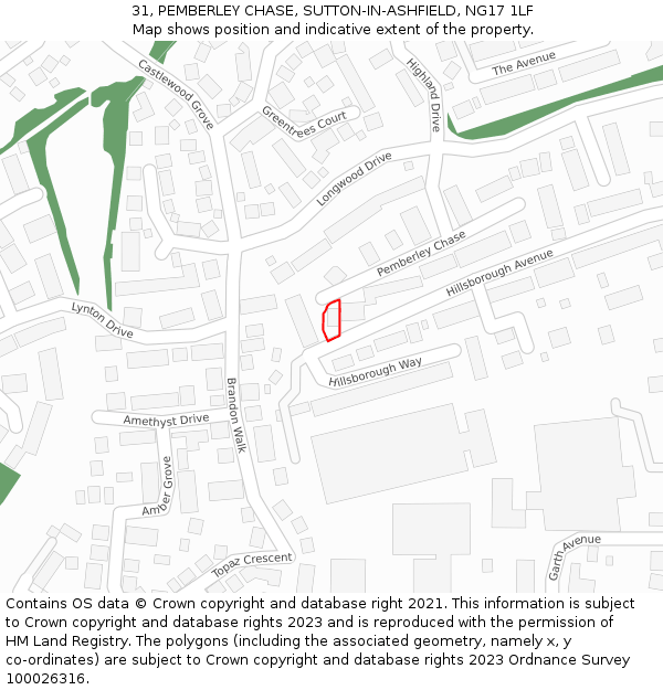 31, PEMBERLEY CHASE, SUTTON-IN-ASHFIELD, NG17 1LF: Location map and indicative extent of plot