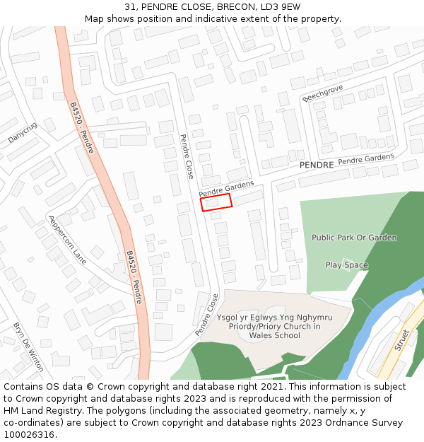 31, PENDRE CLOSE, BRECON, LD3 9EW: Location map and indicative extent of plot