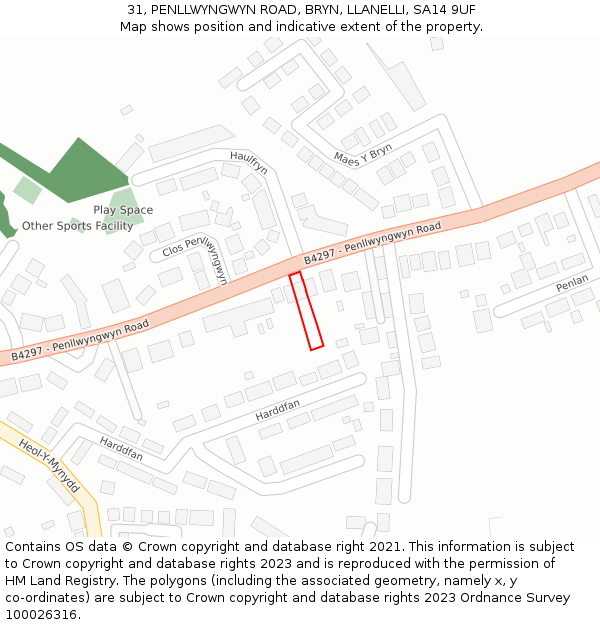 31, PENLLWYNGWYN ROAD, BRYN, LLANELLI, SA14 9UF: Location map and indicative extent of plot