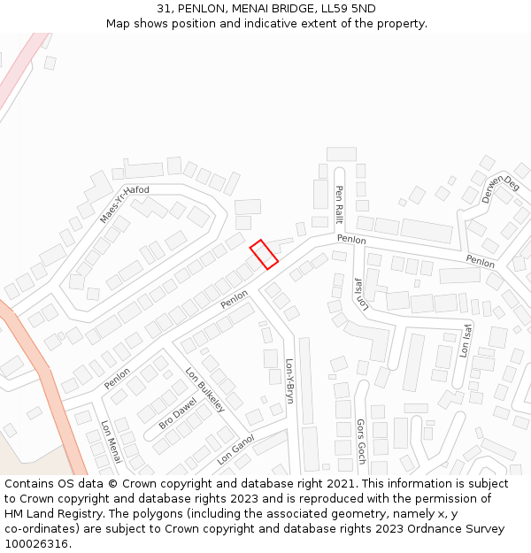 31, PENLON, MENAI BRIDGE, LL59 5ND: Location map and indicative extent of plot