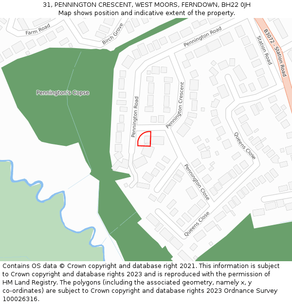31, PENNINGTON CRESCENT, WEST MOORS, FERNDOWN, BH22 0JH: Location map and indicative extent of plot