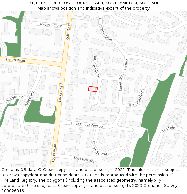 31, PERSHORE CLOSE, LOCKS HEATH, SOUTHAMPTON, SO31 6UF: Location map and indicative extent of plot