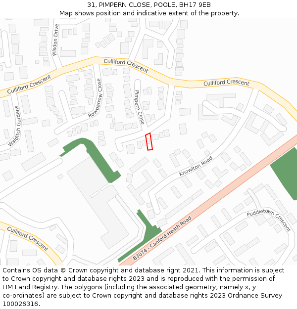 31, PIMPERN CLOSE, POOLE, BH17 9EB: Location map and indicative extent of plot