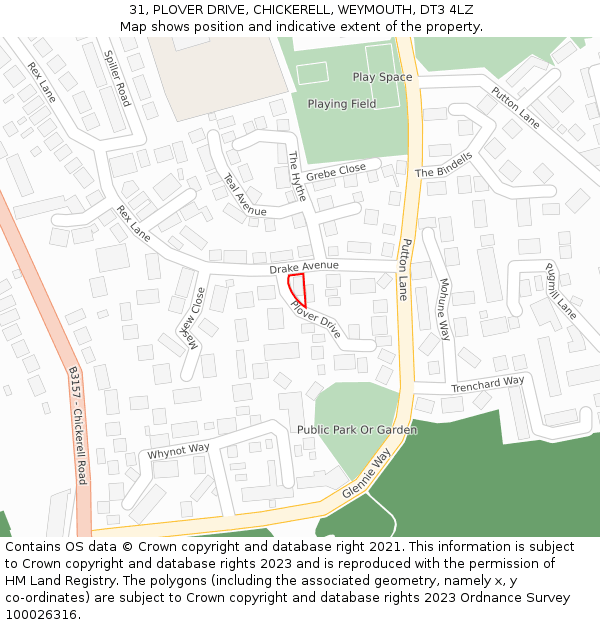 31, PLOVER DRIVE, CHICKERELL, WEYMOUTH, DT3 4LZ: Location map and indicative extent of plot