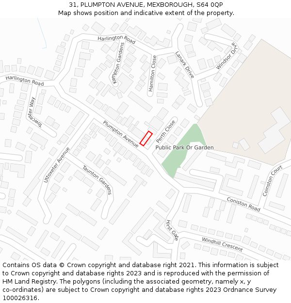 31, PLUMPTON AVENUE, MEXBOROUGH, S64 0QP: Location map and indicative extent of plot