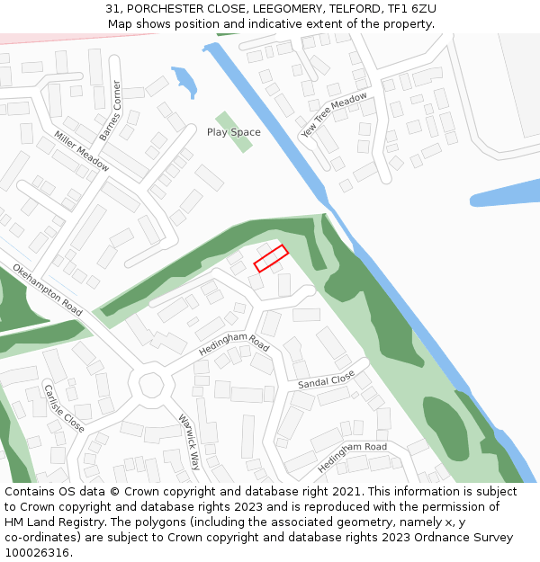 31, PORCHESTER CLOSE, LEEGOMERY, TELFORD, TF1 6ZU: Location map and indicative extent of plot