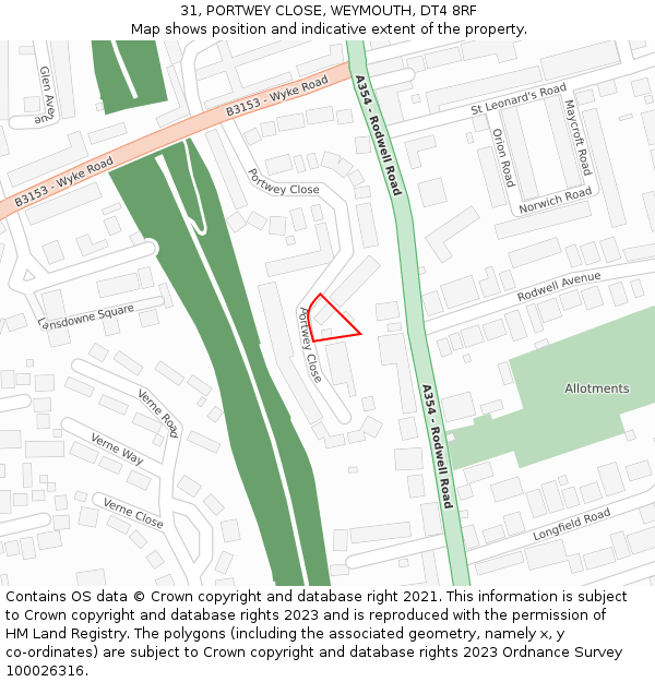 31, PORTWEY CLOSE, WEYMOUTH, DT4 8RF: Location map and indicative extent of plot