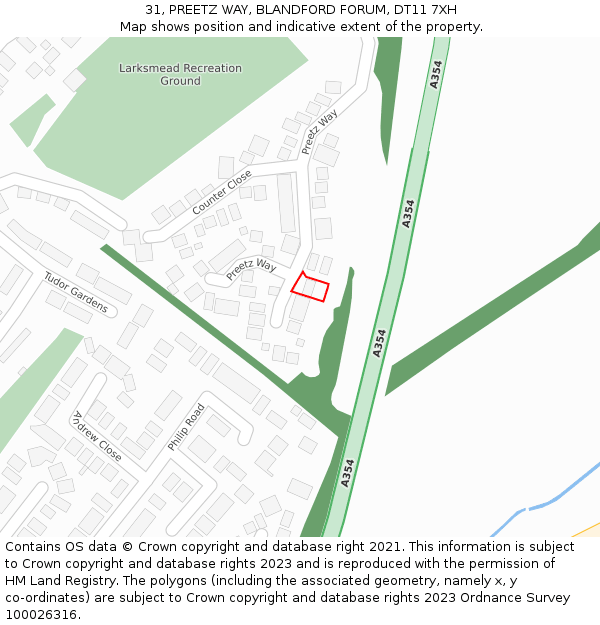 31, PREETZ WAY, BLANDFORD FORUM, DT11 7XH: Location map and indicative extent of plot
