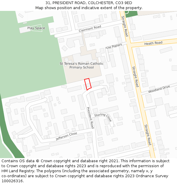 31, PRESIDENT ROAD, COLCHESTER, CO3 9ED: Location map and indicative extent of plot