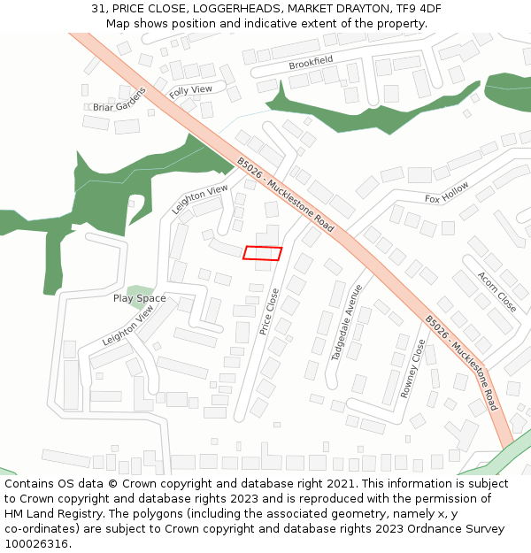 31, PRICE CLOSE, LOGGERHEADS, MARKET DRAYTON, TF9 4DF: Location map and indicative extent of plot