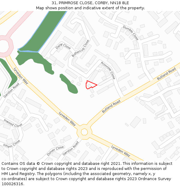 31, PRIMROSE CLOSE, CORBY, NN18 8LE: Location map and indicative extent of plot