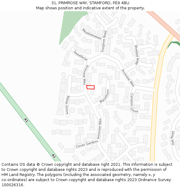 31, PRIMROSE WAY, STAMFORD, PE9 4BU: Location map and indicative extent of plot