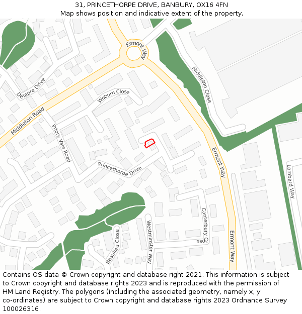 31, PRINCETHORPE DRIVE, BANBURY, OX16 4FN: Location map and indicative extent of plot