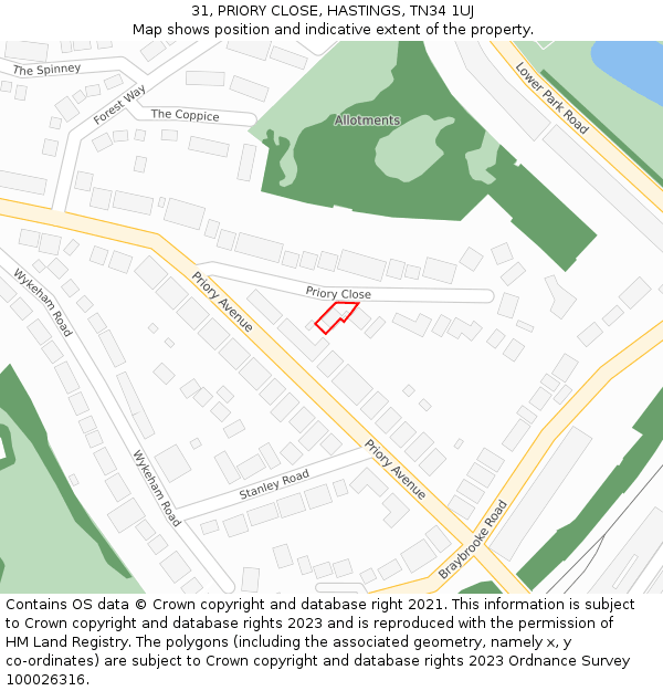 31, PRIORY CLOSE, HASTINGS, TN34 1UJ: Location map and indicative extent of plot