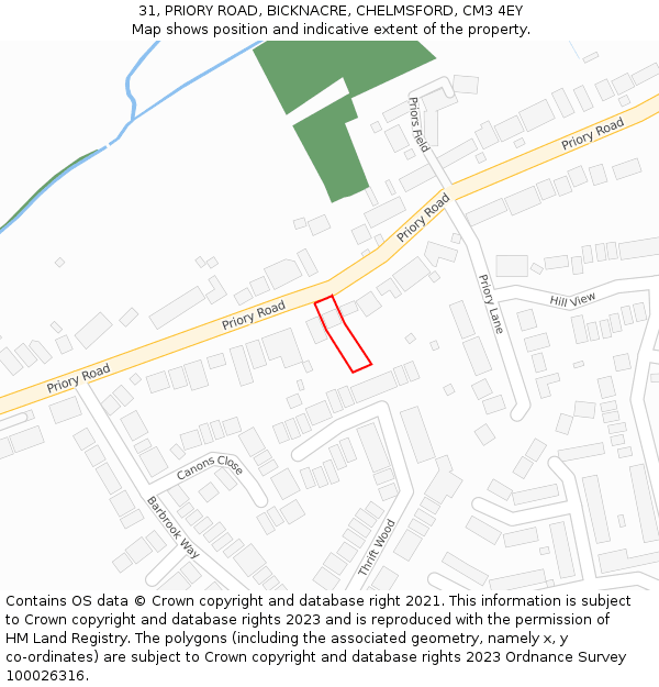 31, PRIORY ROAD, BICKNACRE, CHELMSFORD, CM3 4EY: Location map and indicative extent of plot