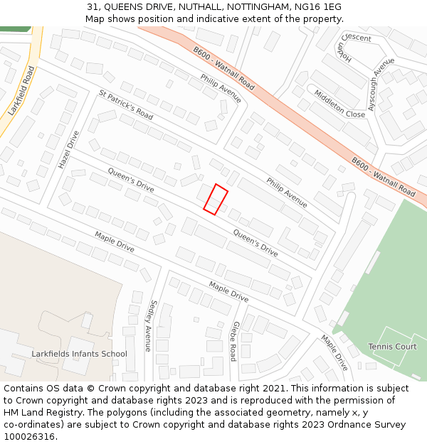31, QUEENS DRIVE, NUTHALL, NOTTINGHAM, NG16 1EG: Location map and indicative extent of plot