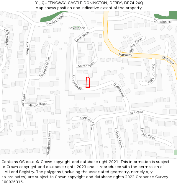 31, QUEENSWAY, CASTLE DONINGTON, DERBY, DE74 2XQ: Location map and indicative extent of plot
