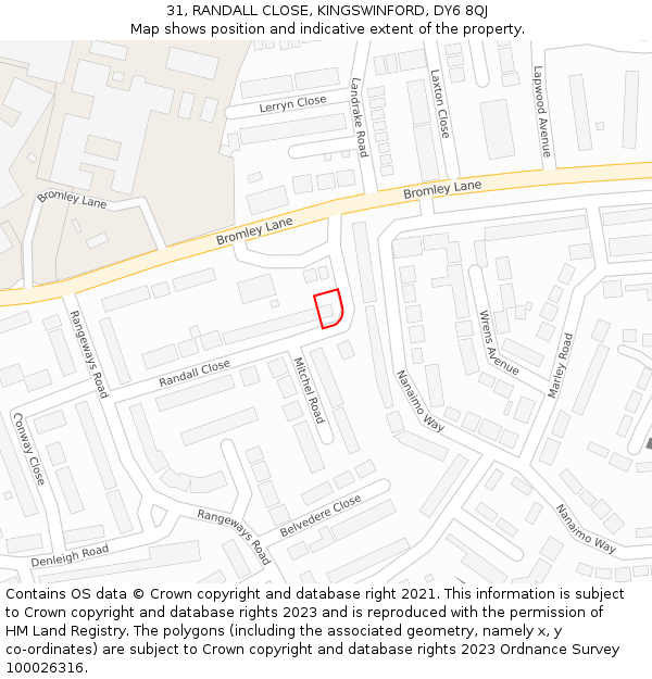 31, RANDALL CLOSE, KINGSWINFORD, DY6 8QJ: Location map and indicative extent of plot