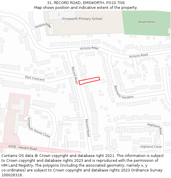 31, RECORD ROAD, EMSWORTH, PO10 7NS: Location map and indicative extent of plot