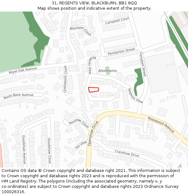 31, REGENTS VIEW, BLACKBURN, BB1 8QQ: Location map and indicative extent of plot