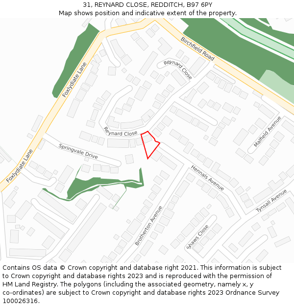 31, REYNARD CLOSE, REDDITCH, B97 6PY: Location map and indicative extent of plot