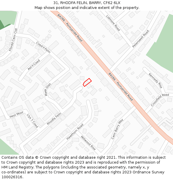 31, RHODFA FELIN, BARRY, CF62 6LX: Location map and indicative extent of plot