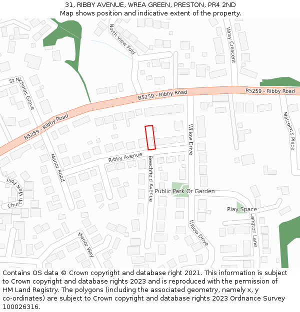 31, RIBBY AVENUE, WREA GREEN, PRESTON, PR4 2ND: Location map and indicative extent of plot