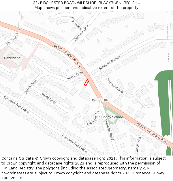 31, RIBCHESTER ROAD, WILPSHIRE, BLACKBURN, BB1 9HU: Location map and indicative extent of plot