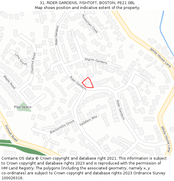 31, RIDER GARDENS, FISHTOFT, BOSTON, PE21 0BL: Location map and indicative extent of plot