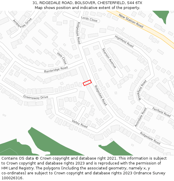 31, RIDGEDALE ROAD, BOLSOVER, CHESTERFIELD, S44 6TX: Location map and indicative extent of plot