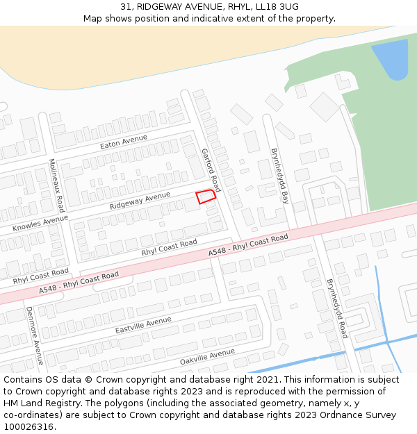 31, RIDGEWAY AVENUE, RHYL, LL18 3UG: Location map and indicative extent of plot