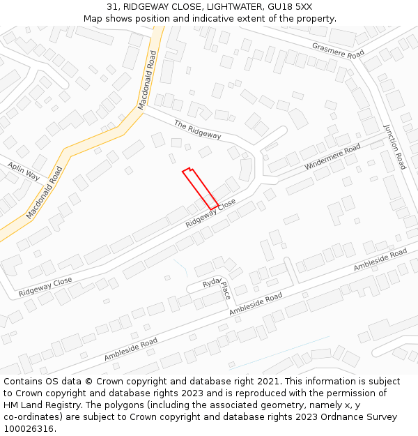 31, RIDGEWAY CLOSE, LIGHTWATER, GU18 5XX: Location map and indicative extent of plot