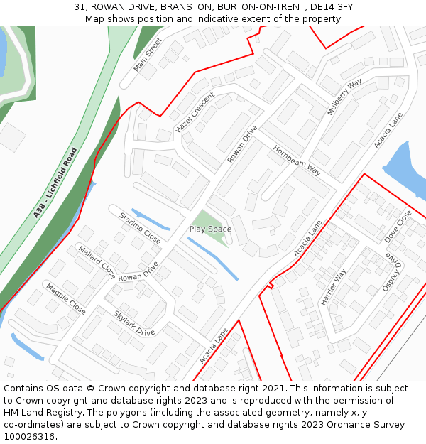 31, ROWAN DRIVE, BRANSTON, BURTON-ON-TRENT, DE14 3FY: Location map and indicative extent of plot