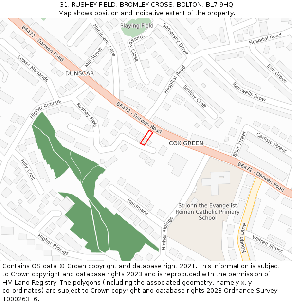 31, RUSHEY FIELD, BROMLEY CROSS, BOLTON, BL7 9HQ: Location map and indicative extent of plot