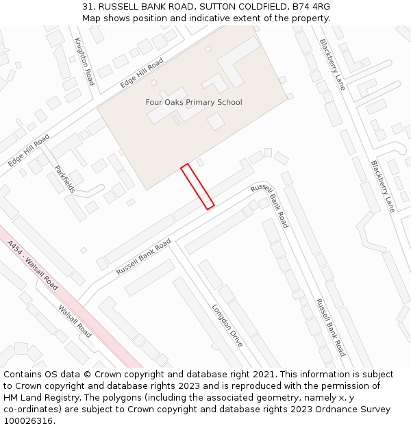 31, RUSSELL BANK ROAD, SUTTON COLDFIELD, B74 4RG: Location map and indicative extent of plot
