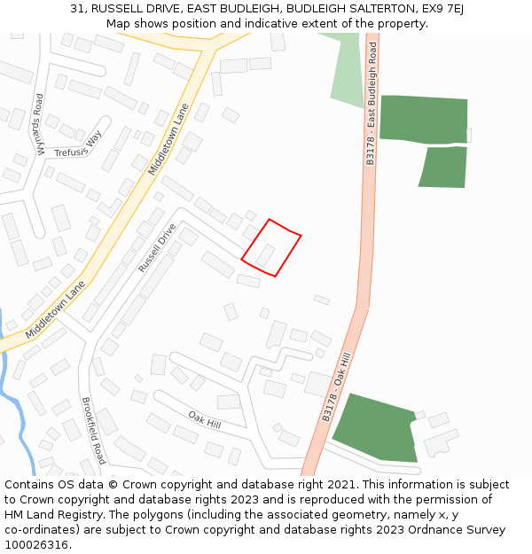 31, RUSSELL DRIVE, EAST BUDLEIGH, BUDLEIGH SALTERTON, EX9 7EJ: Location map and indicative extent of plot