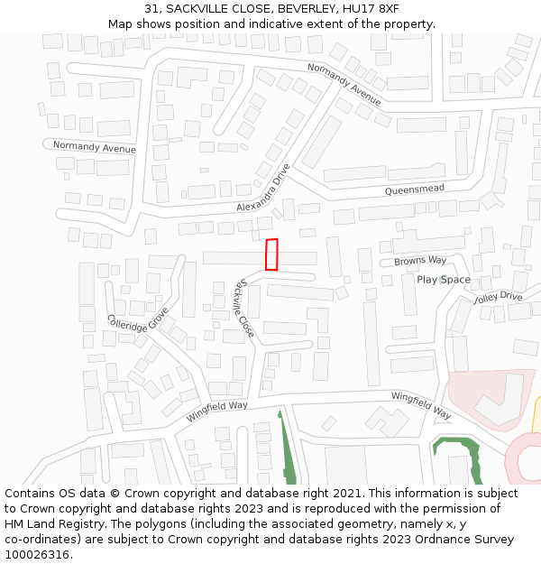 31, SACKVILLE CLOSE, BEVERLEY, HU17 8XF: Location map and indicative extent of plot