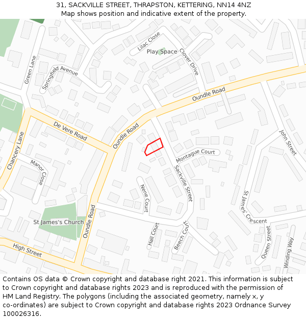 31, SACKVILLE STREET, THRAPSTON, KETTERING, NN14 4NZ: Location map and indicative extent of plot