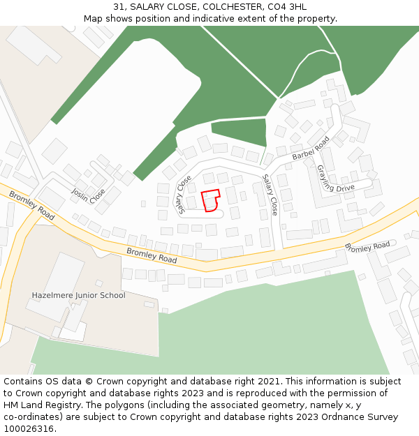 31, SALARY CLOSE, COLCHESTER, CO4 3HL: Location map and indicative extent of plot