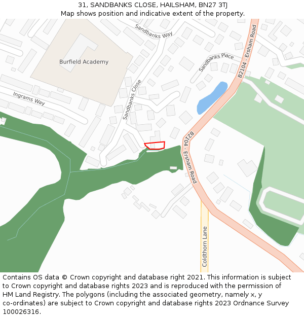 31, SANDBANKS CLOSE, HAILSHAM, BN27 3TJ: Location map and indicative extent of plot