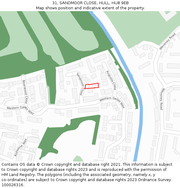 31, SANDMOOR CLOSE, HULL, HU8 9EB: Location map and indicative extent of plot